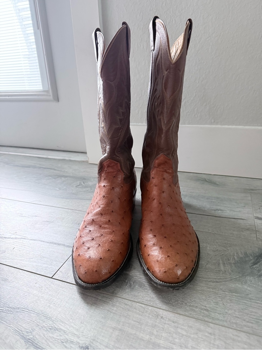Nocona Tan and Brown Ostrich Cowboy Boots 13D - Picture 2 of 6